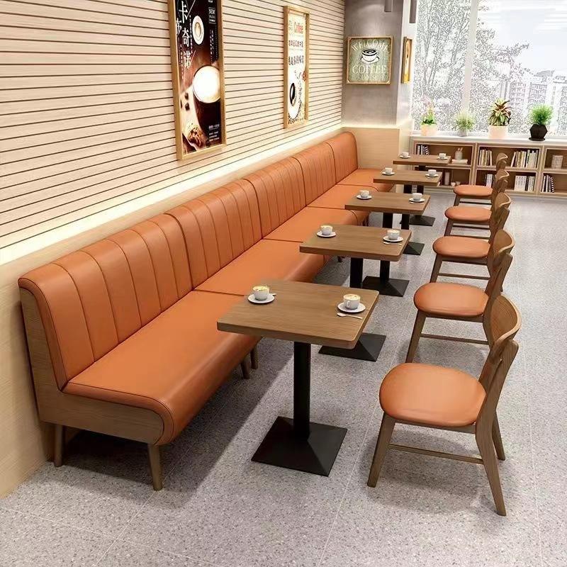 Sofá de tarjeta de restaurante, té de leche, dulces, mesa y silla de comedor, sala de té, asiento de recepción doble personalizado contra la pared