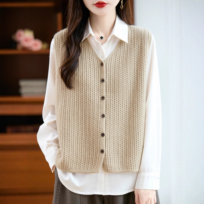 Women's Spring & Fall V Neck Cardigan Short Outer Sleeveless Sweater Vest Layered Knitted Vest Cardigan Jacket Winter