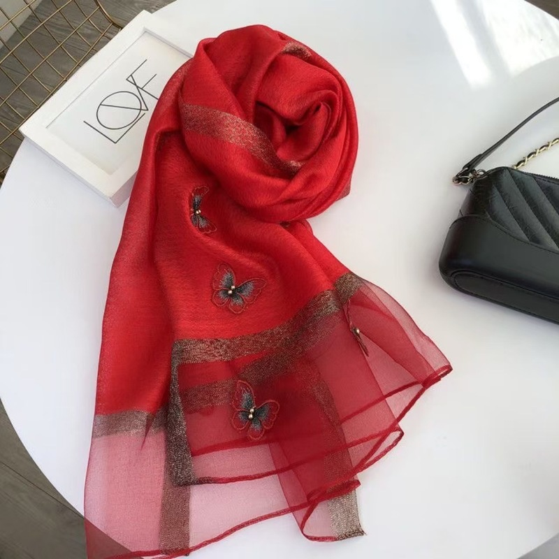 秋と冬の韓国シルクスカーフ女性用模擬シルクファッション立体蝶刺繍薄いガーゼスカーフ母親のギフト|undefined