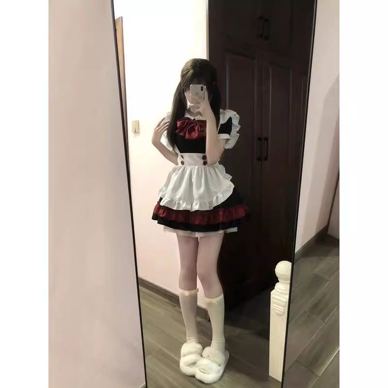 女仆装小恶魔Lolita黑红猫咪女佣可爱吸血鬼连衣裙两件套收腰围裙|undefined