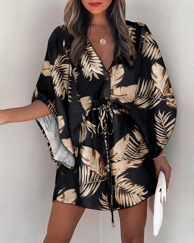 Summer, Spring, Autumn Season Women'S Gender Wholesale Women'S Fashion Printing Plant Daily V Neck Short Sleeve Irregular Skirt