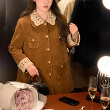 法式秋MIU系复古翻领中长款麂皮/丝绒外套工装风衣女 美拉德穿搭