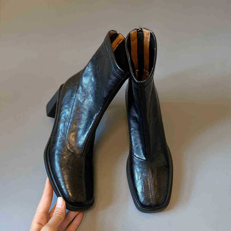 Sheepskin Genuine Leather Korean Style High-Heeled Silent Square-Toe Slim Boots Short Boots Chunky Heel Retro Fleece-Lined Martin Boots for Women Autumn and Winter