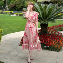 新中式夏款超显白粉色大裙摆真丝双绉连衣裙度假风裙子