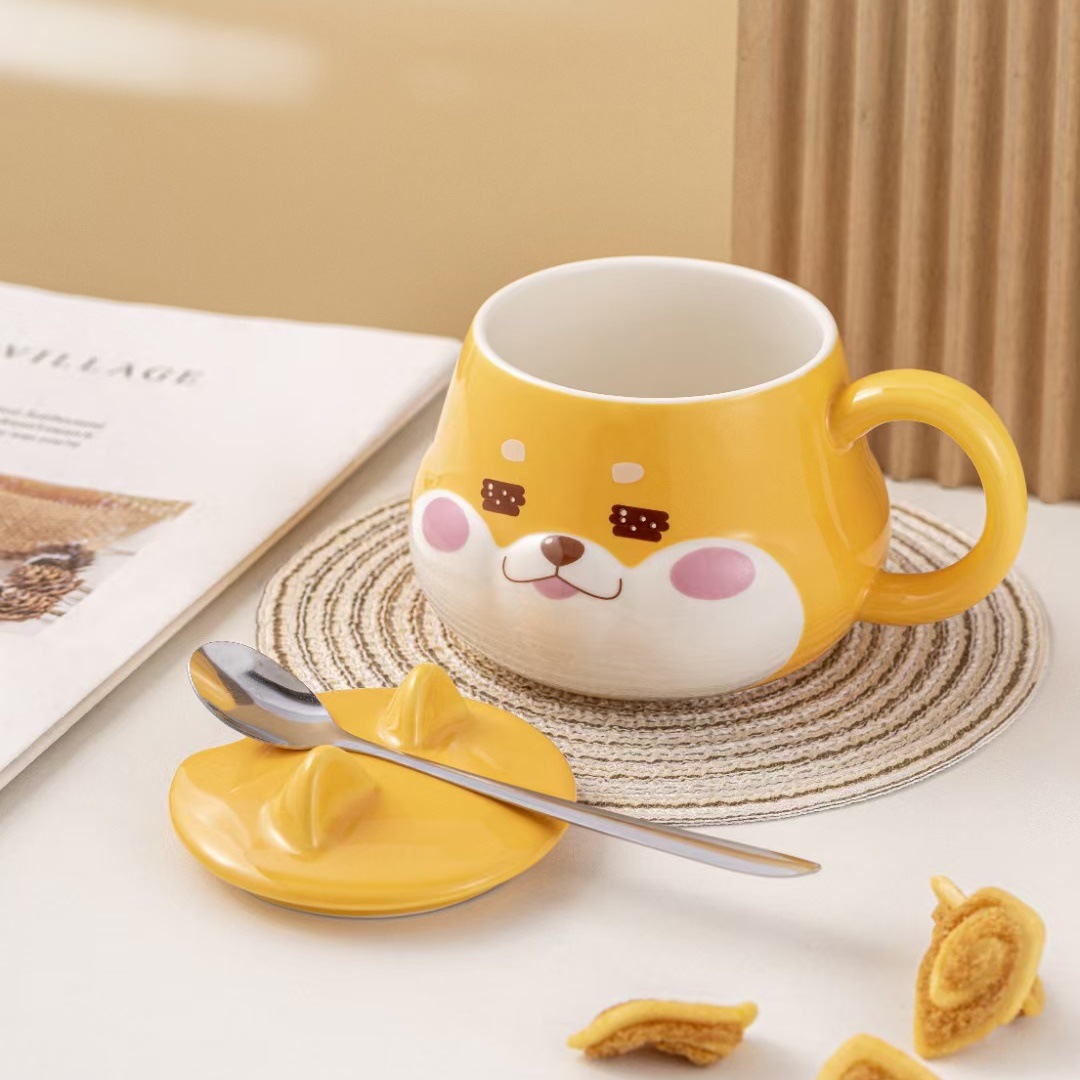 Creative Cartoon Cute Shiba Inu Mug Ceramic With Lid And Spoon Puppy-Shaped Coffee Personalized Souvenir Cup_voghion.com