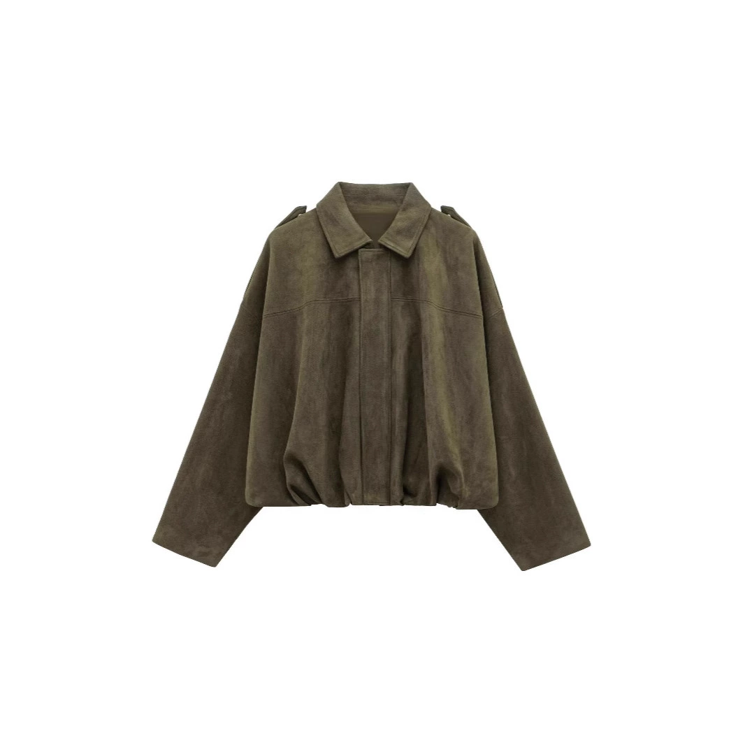 Bomber Jacket (ZA) Suede-Effect, Women's Spring Outerwear, Army Green, Oversized Fit