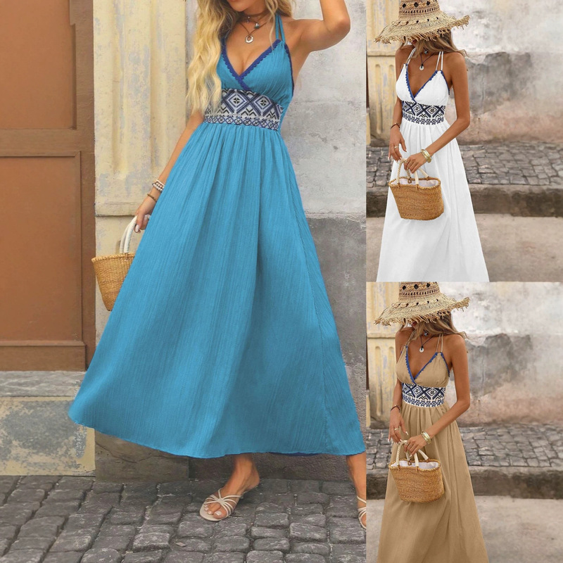 Women's Bohemian New Fashion Elegant Backless V-Neck Halter Geometric Jacquard Vacation Dress Women's Bohemian New Fashion Elegant Backless V-Neck Halter Geometric Jacquard Vacation Dress