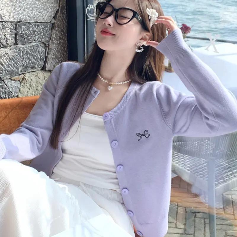 黄色针织开衫女蝴蝶结刺绣长袖短款外套休闲初春穿搭薄款百搭上衣|undefined