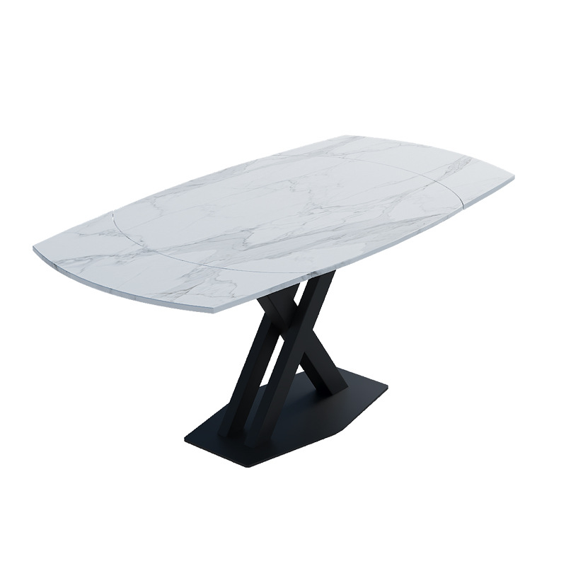 Mesa de comedor de placa de roca para el hogar italiano, apartamento pequeño, lujo ligero, mesa de comedor de acero al carbono rectangular de pierna cruzada moderna y sencilla de alta gama