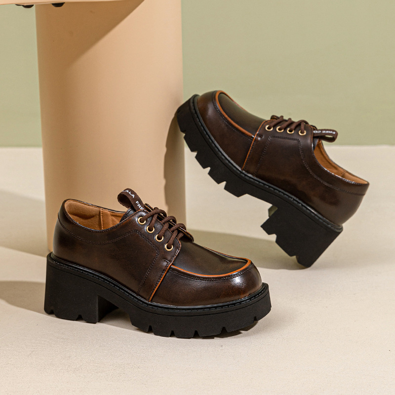 Beautiful Feet Power Retro British Style Chunky Heel Leather Shoes New Lace-Up Thick-Soled Height-Increasing Loafers