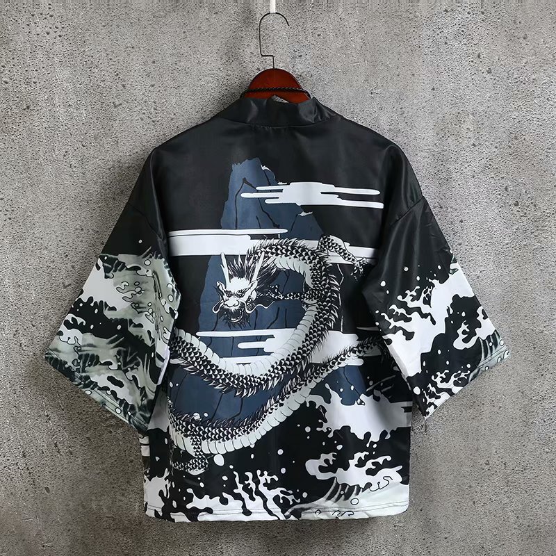 Summer Jacket for Men, Japanese Style Bf Thin Cardigan with Crane Pattern, Loose Casual Shirt, Three-Quarter Sleeves, Beach Sun Protection Summer Jacket for Men, Japanese Style Bf Thin Cardigan with Crane Pattern, Loose Casual Shirt, Three-Quarter Sleeves, Beach Sun Protection