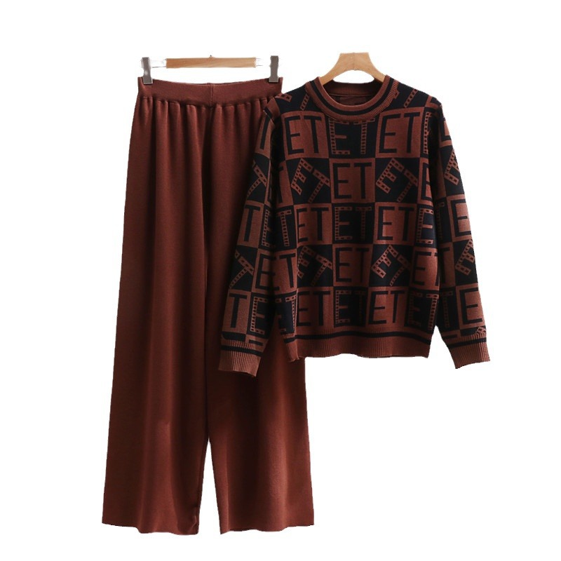 Women's Clothing round neck loose jacquard slim long sleeve sweater high waist wide leg pants knitted two piece suit_voghion.com