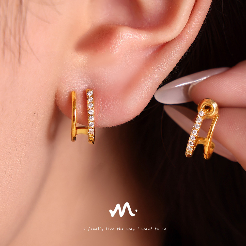 Simple and stylish earrings with diamonds, double-layer small c-shaped stud earrings, women's daily versatility_voghion.com