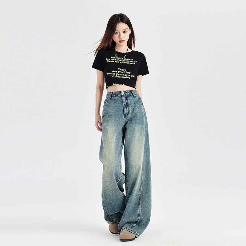 FU-JEANS2024 Fashion Denim American Style Retro Scimitar Design Stitching Jeans Women's Loose Dipped Wide Leg