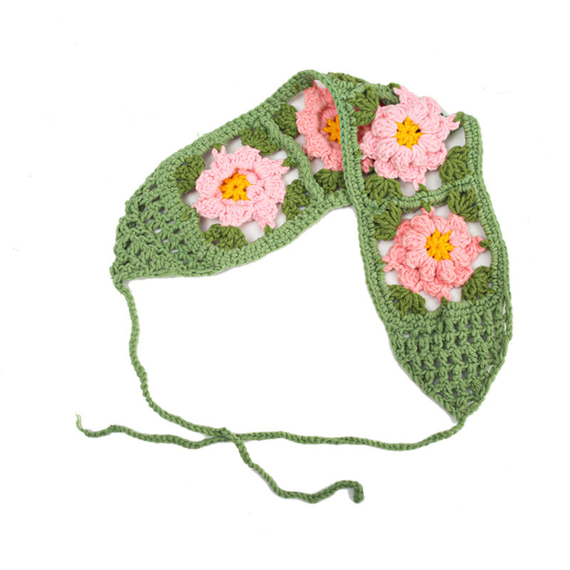 Francia cereza toallas triangulares mujeres primavera y otoño viajes padres-hijos gancho de punto flores hueco pañuelo de arte correa de pelo gorro