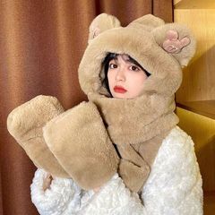 儿童帽子围巾手套三件套冬季加绒加厚女童一体帽男大童保暖防风帽