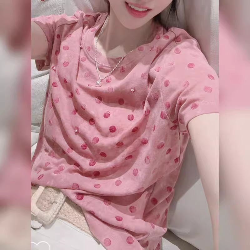 时尚简约休闲慵懒风粉色波点上衣女2025夏季软糯宽松薄款短袖T恤|undefined