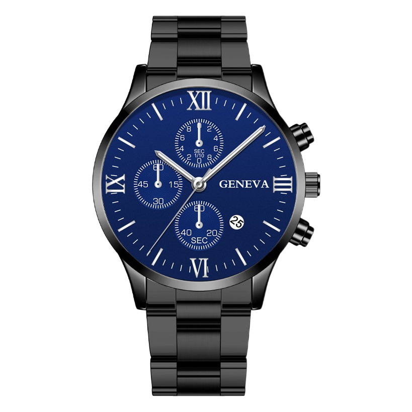 El comercio exterior de moda transfronteriza caliente Calendario de tres ojos patrón romano correa de acero reloj de hombre en stock al por mayor