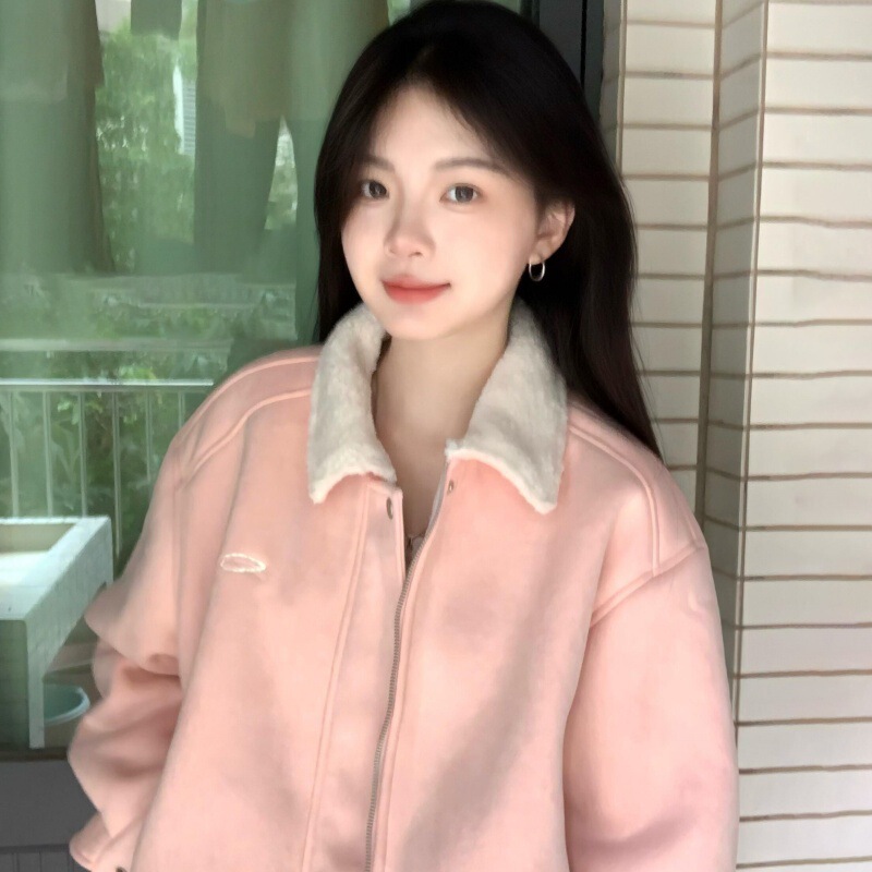 Pink Lapel Baseball Jacket for Women, Winter 2025 New American-Style Sweet Jacket, Faux Suede Early Autumn Top Pink Lapel Baseball Jacket for Women, Winter 2025 New American-Style Sweet Jacket, Faux Suede Early Autumn Top