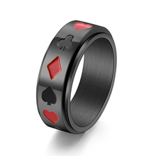 欧美饰品扑克牌可转动钛钢戒指男士创意黑红梅方转运指环手饰现货
