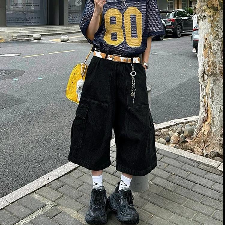 Black A-Line Cropped Shorts for Men, Summer Trendy American-Style Workwear Pants, High Street Large Pocket Wide-Leg Jeans