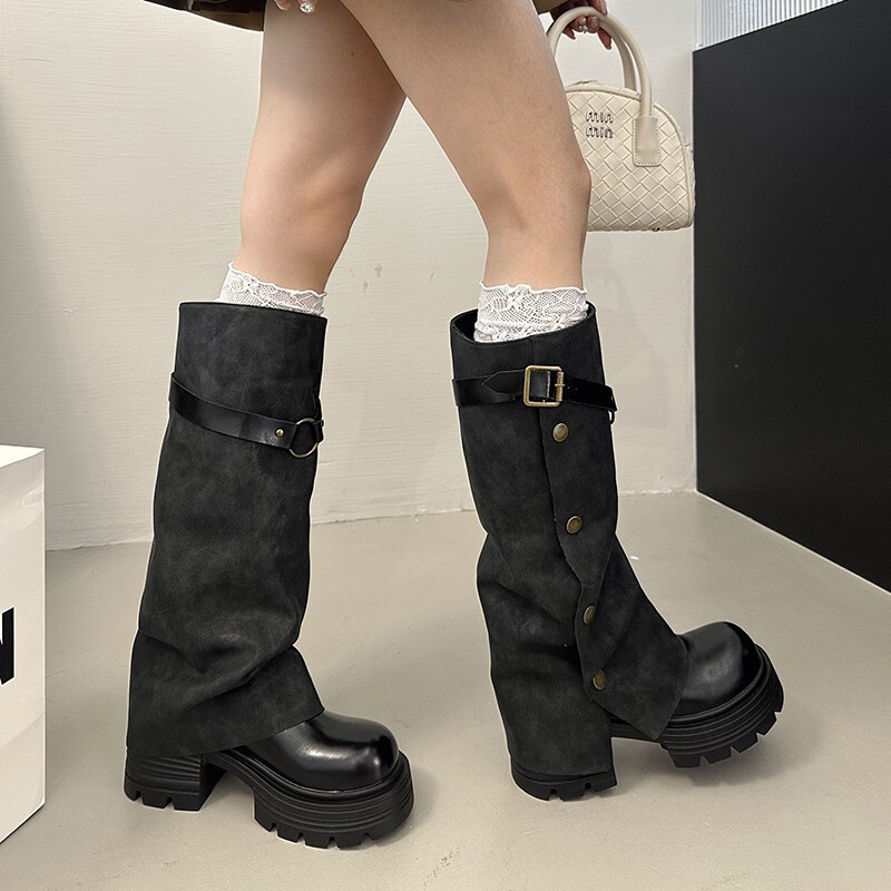 ベルトバックル太いヒール膝丈ブーツ女性用 2025 新しいインターネットセレブファッション気質パンツブーツ快適なファッションブーツ|undefined