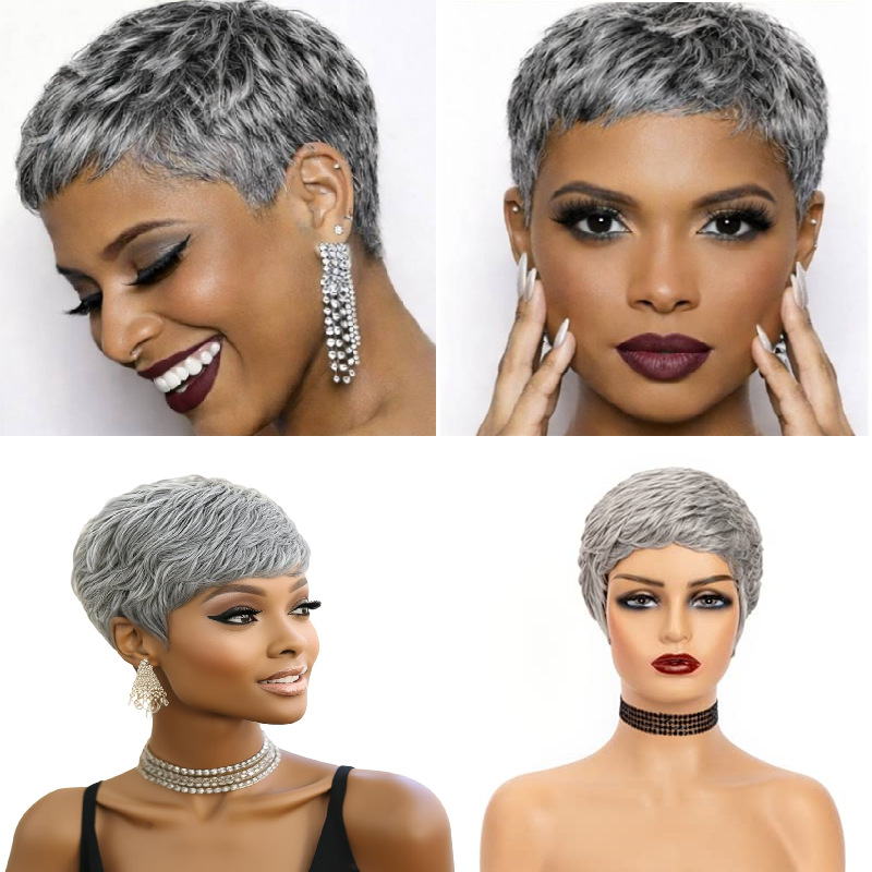 European and American Style Real Human Hair Full Wigs, Short Style, Gray and Granny Gray Colors, Direct Supply from Cross-Border E-Commerce Manufacturers, in Stock