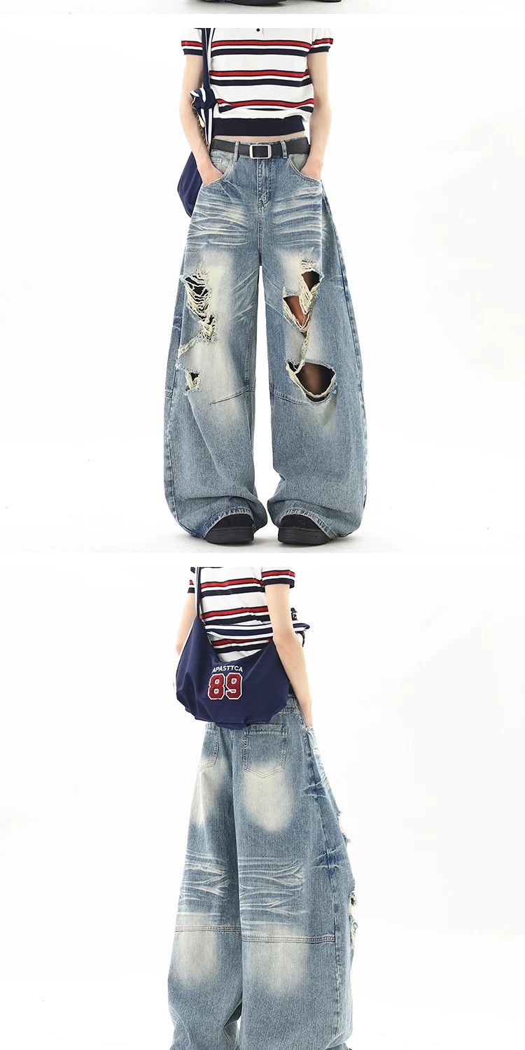 Men Women Washed Whiskering Ripped Jeans Street Style Summer New Retro Cool Scimitar Wide Leg Trousers_mkmklike.com