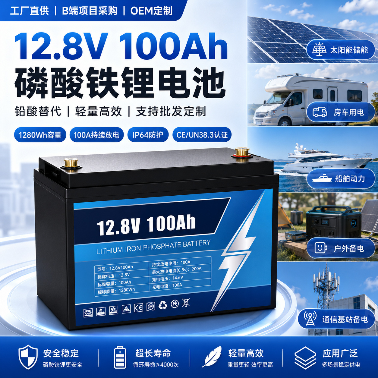 12V24V锂电池定制100Ah200Ah磷酸铁锂储能系统锂电替代铅酸电池