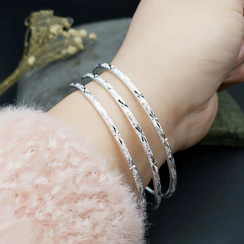 Copper bracelet with silver plating, thin engraved bangle, sizes 56–64 mm, lightweight 0.02 kg
