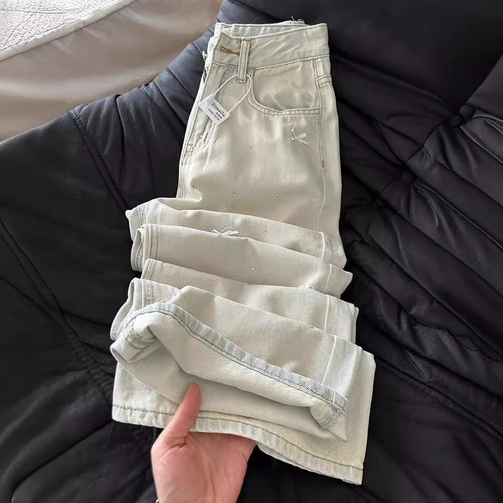 Three Dimensional Bow Design With Hot Diamonds, High Waist And Slim Light Blue Jeans, Washed Straight And Casual Mopping Trousers_ecoleips.com