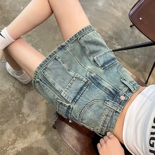 Vintage Americana Embroidered Denim A-Line Short Skirt for Women - Summer High-Waisted Booty Shorts with Side Slits