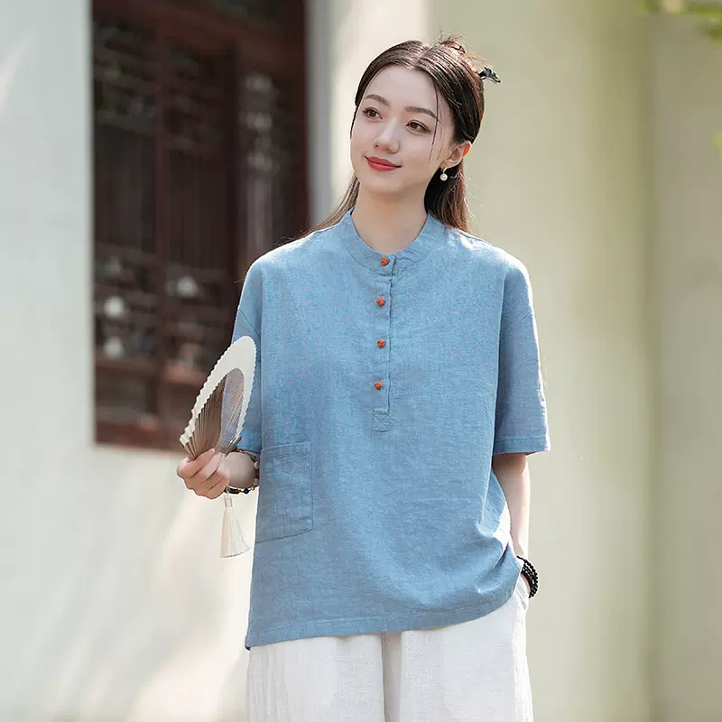 原创棉麻女装夏新款中式复古佛系禅意练功套头上衣女砂洗苎麻T恤