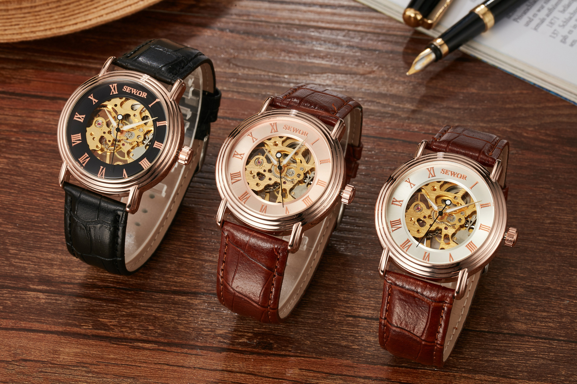 SEWOR reloj mecánico semiautomático para hombre reloj de correa de fondo transparente hueco reloj mecánico manual 01