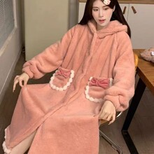 韩系粉色蝴蝶结珊瑚绒睡衣女秋冬季连帽睡袍保暖美少女宿舍家居服