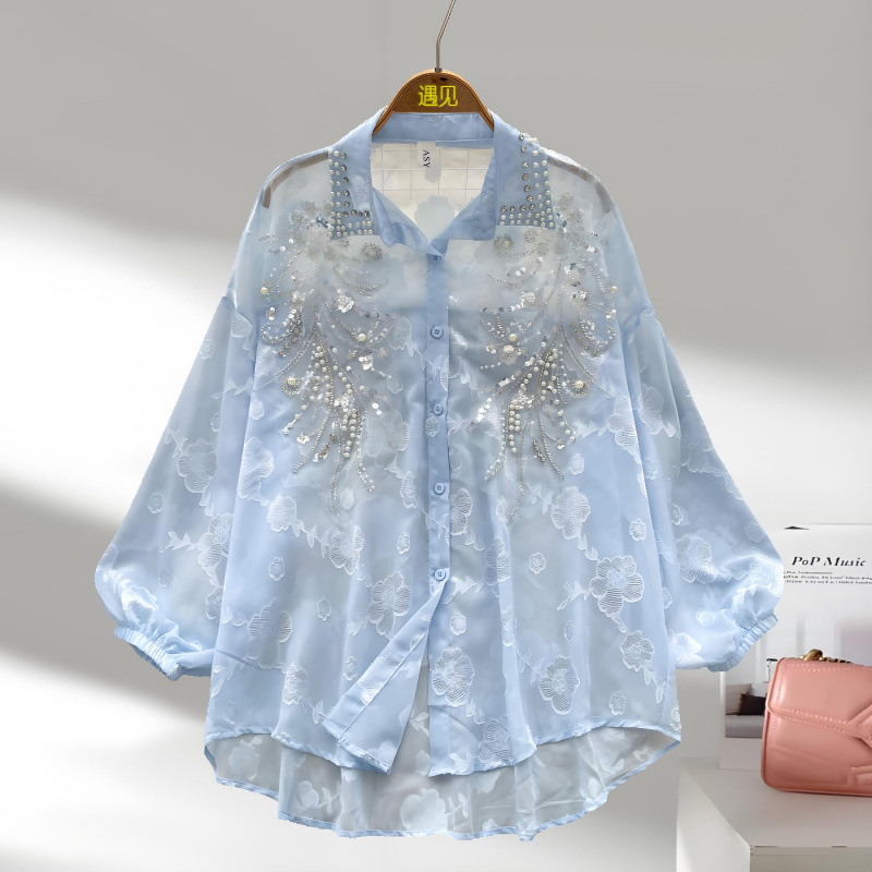Light Luxury Socialite Heavy Beaded Sequin Embroidered Lantern Sleeve Shirt Loose Outer Long-Sleeved Top Fashionable Clothes for Women