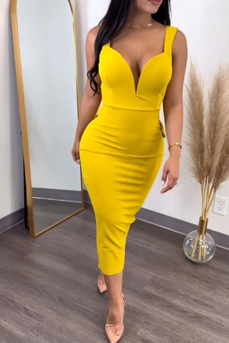 Women's Clothing K2868 solid color hip covering, backless, deep V bow elastic slit dress_voghion.com