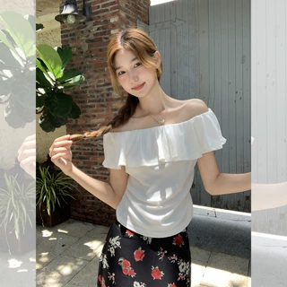 纯欲风一字肩露肩性感荷叶边短袖t恤女夏季新款收腰抽褶显瘦上衣