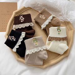 新しい女性用ソックス、カフ付きミッドチューブ、秋冬スタイル、韓国版、かわいい和風イン、トレンディで多用途なレースパイルソックス