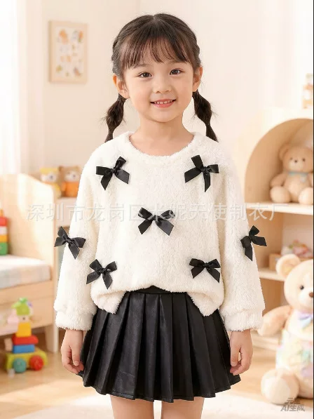 Girls' Winter Clothing New Korean Style Fashionable Three-Dimensional Bow Sweater and Pleated Skirt Two-Piece Set