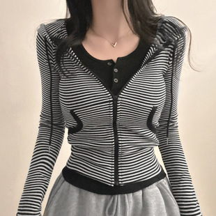 Simple Korean Style Pure Desire Color-Block Striped Waist-Cinching Hooded Pocket Jacket Sports Casual Versatile Long-Sleeve T-Shirt Top