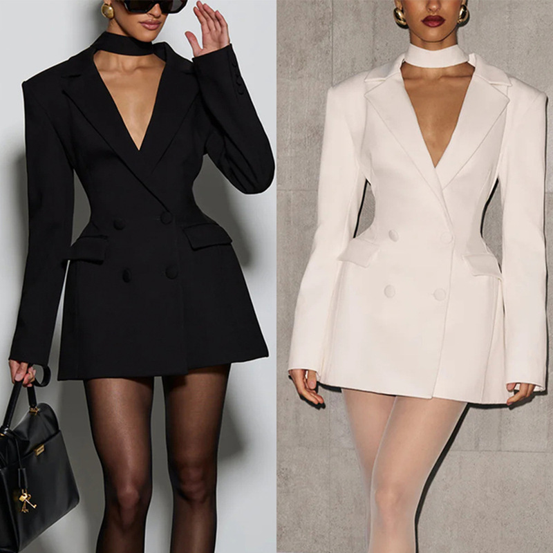 Independent Station Amazon European and American Clothing Cross-Border Suit Cardigan Pure Color Long-Sleeved Lapel Elegant Slim Jacket 8201