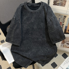 アメリカの満天星洗水レトロ純綿ゆるい上着の女性の小さな大衆デザイン感水洗いして古い半袖tシャツを作る