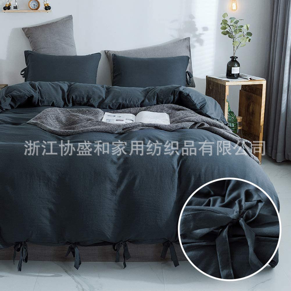 Juego de pajarita cepillada de estilo japonés, funda de edredón de tres piezas agradable para la piel, funda de almohada, ropa de cama con pajarita