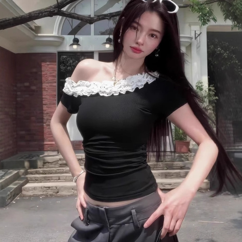 French Design Multi-Layered Lace Slant Collar Short-Sleeved T-Shirt for Women in Summer Niche Chic Slimming Look Off-Shoulder Top