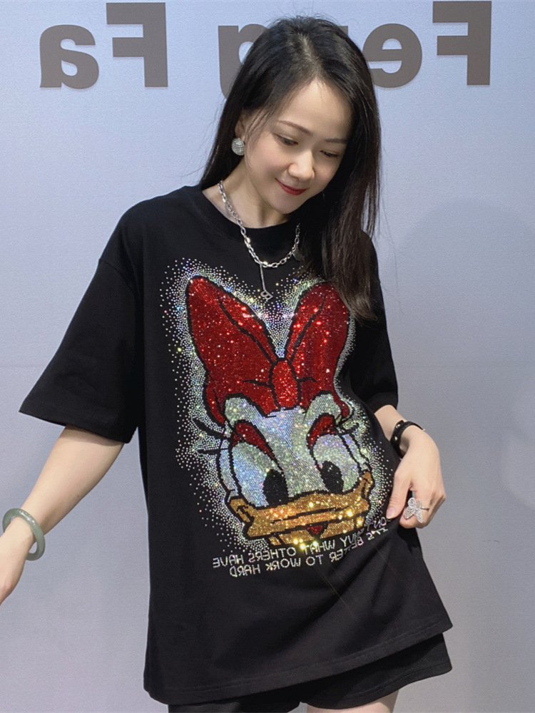 Camiseta de mangas cortas de gran tamaño de ropa de mujer americana de verano de diamante pesado caliente de cuello redondo de media manga de algodón