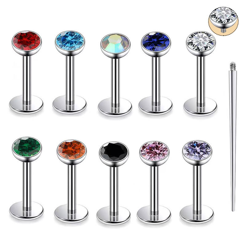 Silver pointed spike labret stud material detail