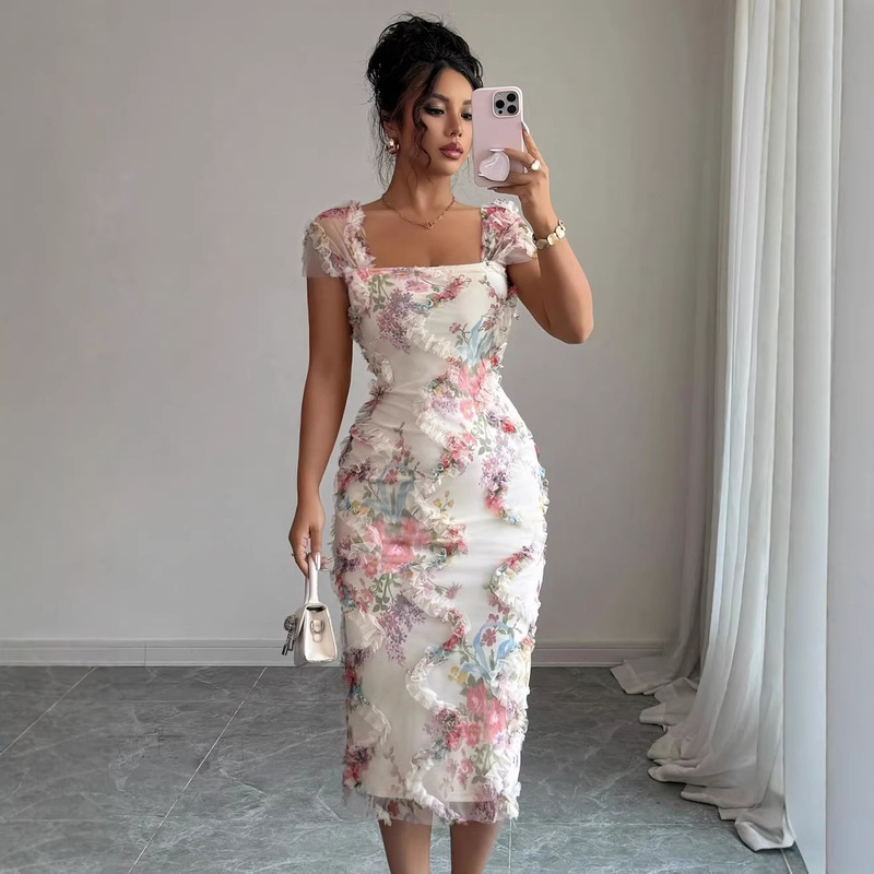 Cross-Border Foreign Trade European and American New Style Elegant and Romantic Mesh Floral Print Pleated Slim-Fit Dress