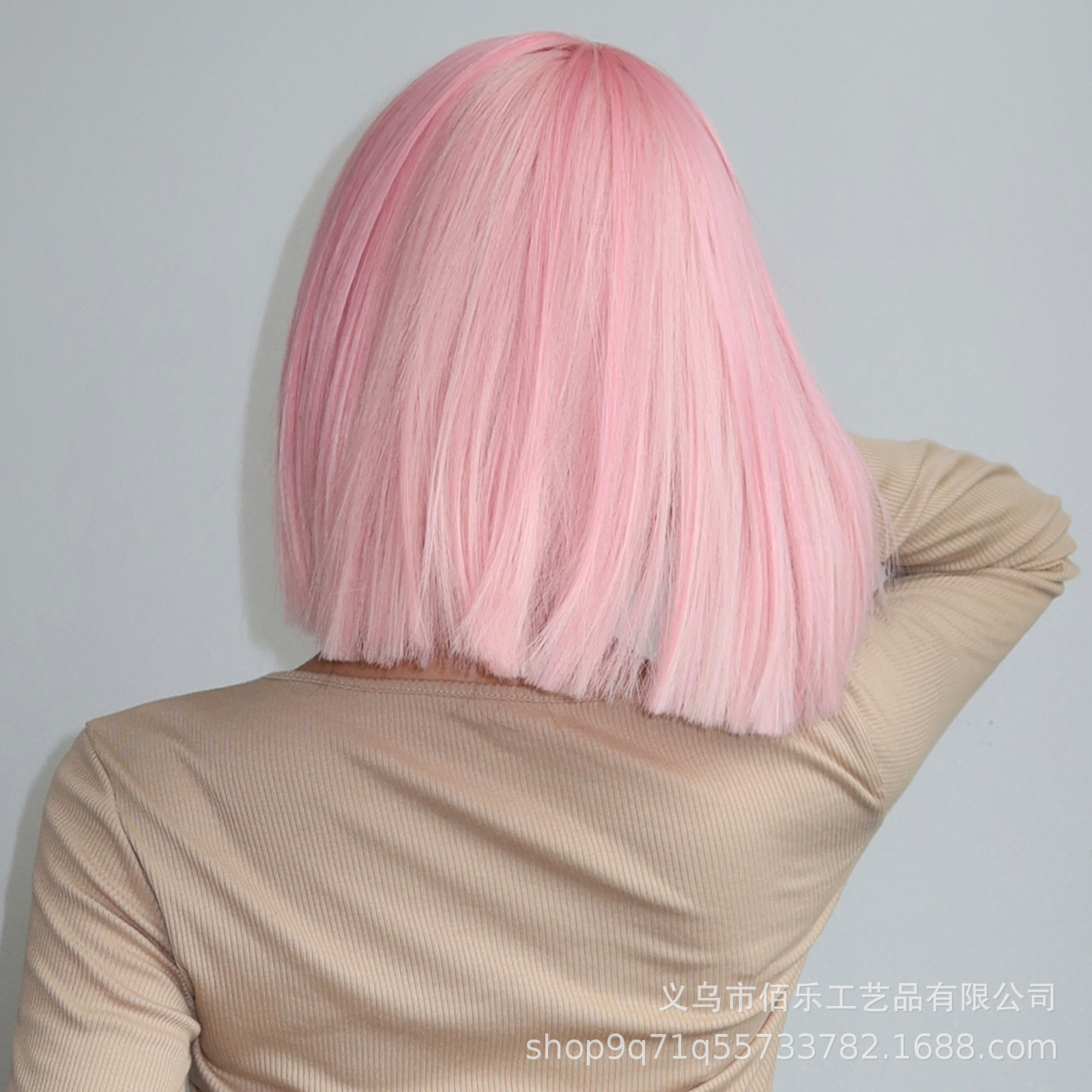 Pink wig with full bangs, wave head, bobo short straight hair, holiday style, high-temperature fiber, cross-border stock wigs