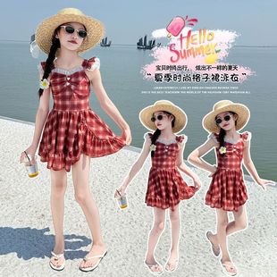 Girls Red Plaid Swimsuit 2025 New Style Foreign Style Girls Summer Kidsren's Sun Protection Quick-Drying One-Piece Swimsuit